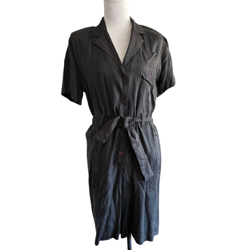 Happy‎ Legs Vintage black short sleeve collared button up Romper sz S